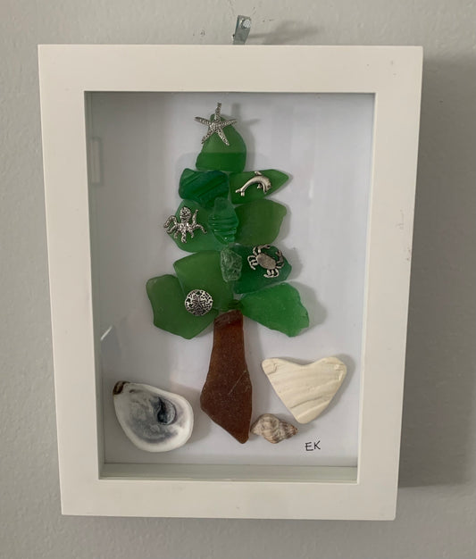 Authentic sea glas Christmas tree/ shell heart
